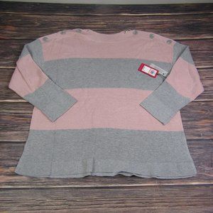 Vince Camuto NEW 2X Pink Gray‎ Striped Button Shoulder Detail Crewneck Sweater